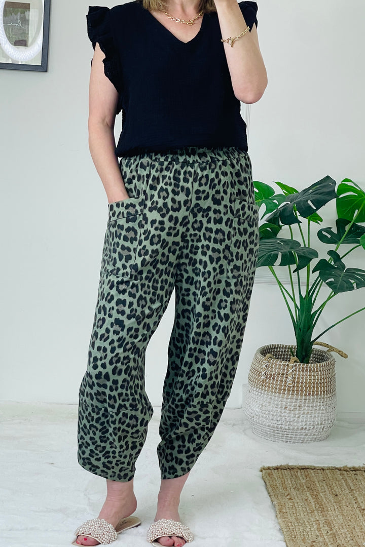 Gabriella Cotton Leo Print Barrel Leg Joggers