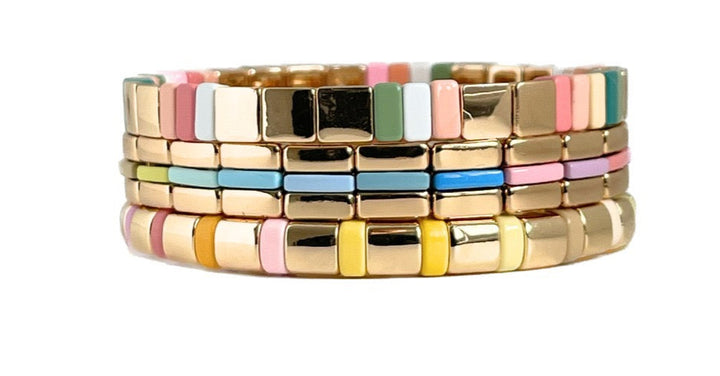 Boho Enamel Tile Bracelet | Gold with Pastel Rainbow Accent