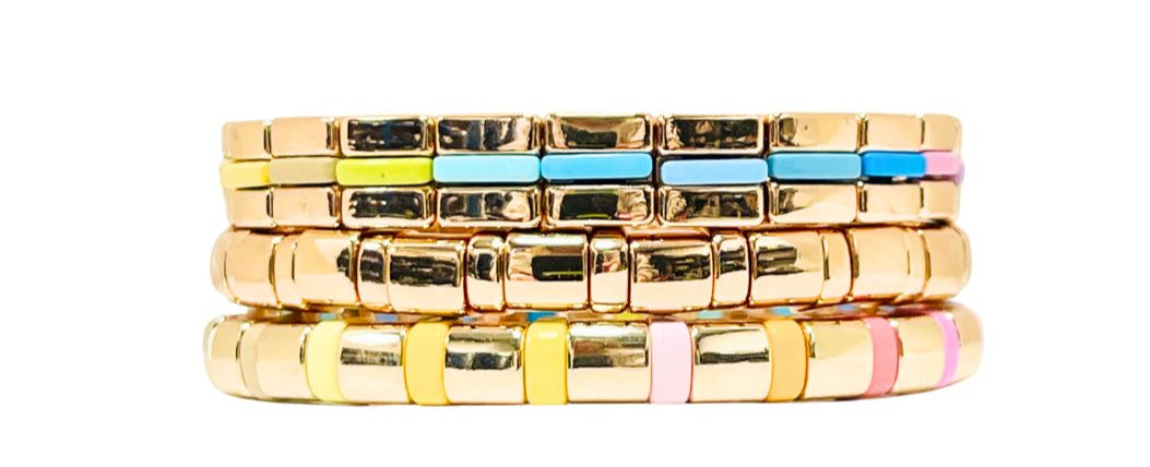 Boho Enamel Tile Bracelet | Curved Rainbow with Gold