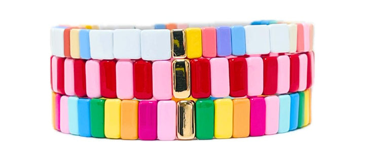 Boho Enamel Tile Bracelet | White with Rainbow Accent