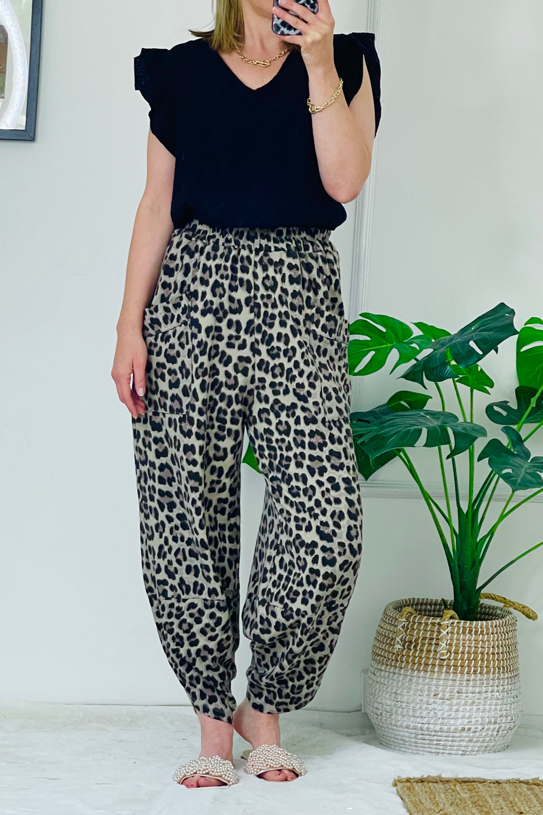 Gabriella Cotton Leo Print Barrel Leg Joggers