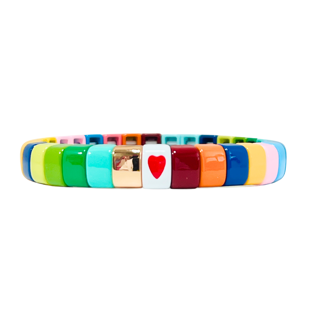 Boho Enamel Tile Bracelet | Curved Rainbow Love Heart