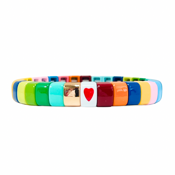 Boho Enamel Tile Bracelet | Curved Rainbow Love Heart