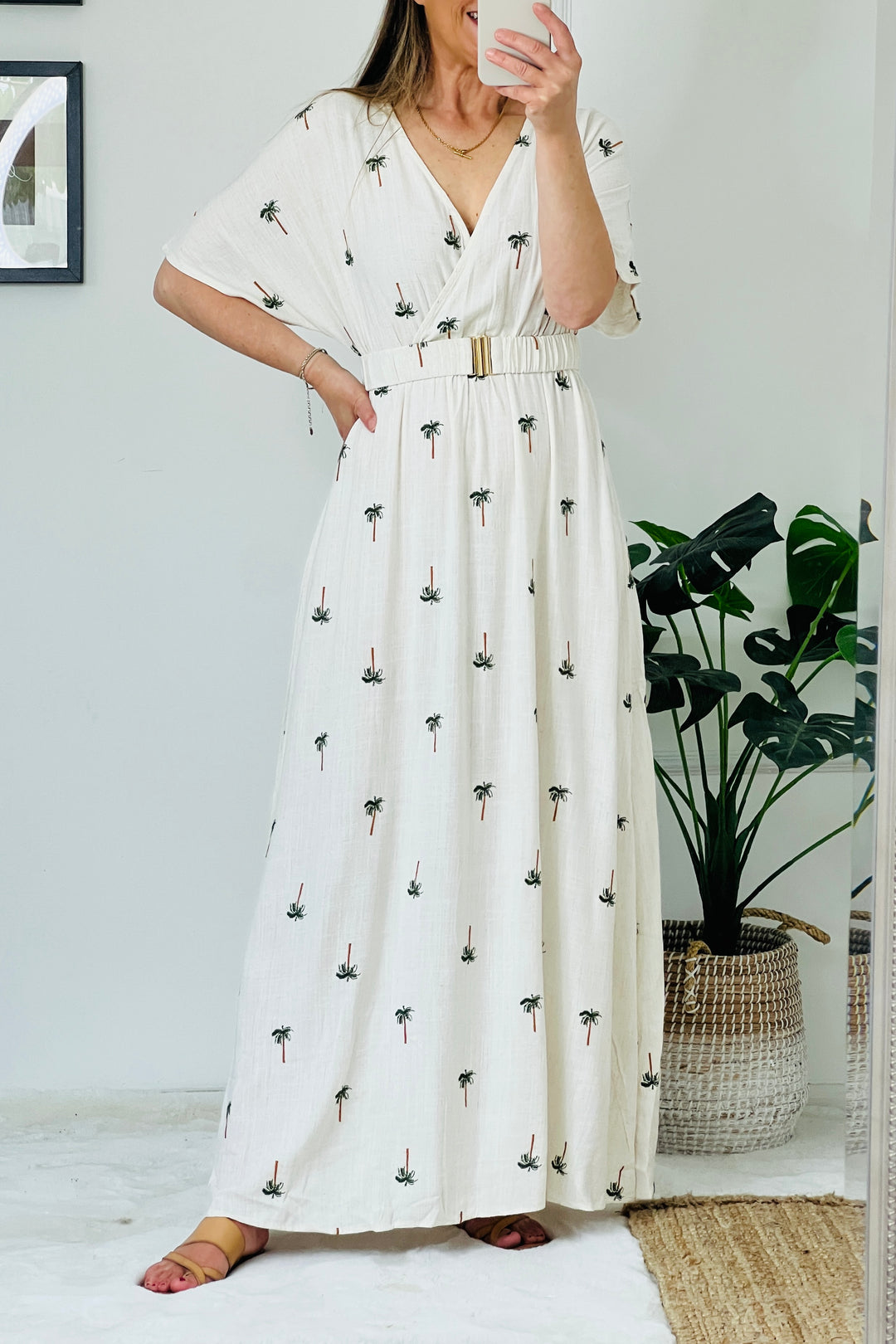 Maxi Crossover Embroidered Palms Linen Blend Dress