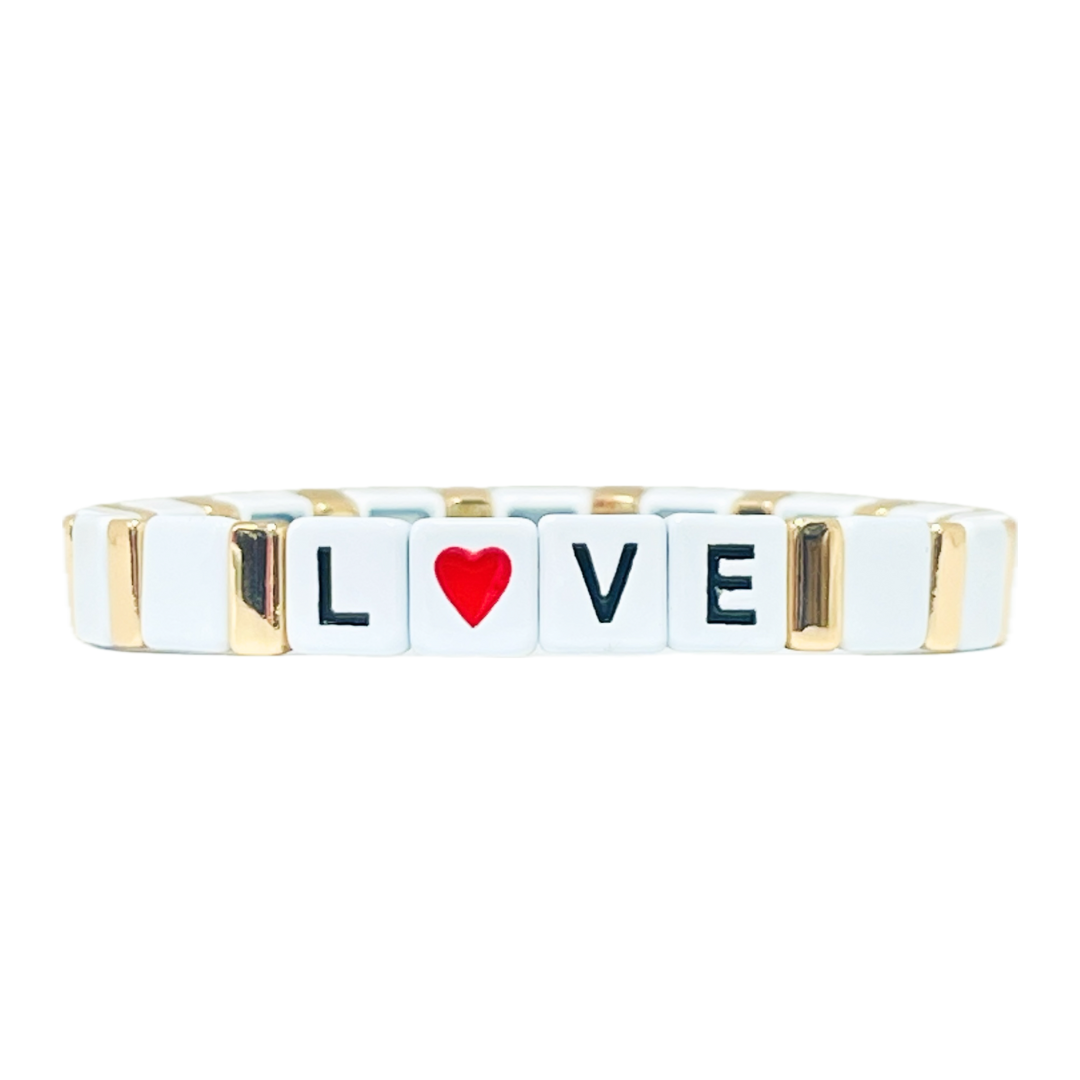 Boho Love with Red Heart Enamel Tile Bracelet | White