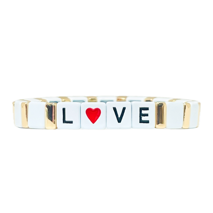 Boho Love with Red Heart Enamel Tile Bracelet | White