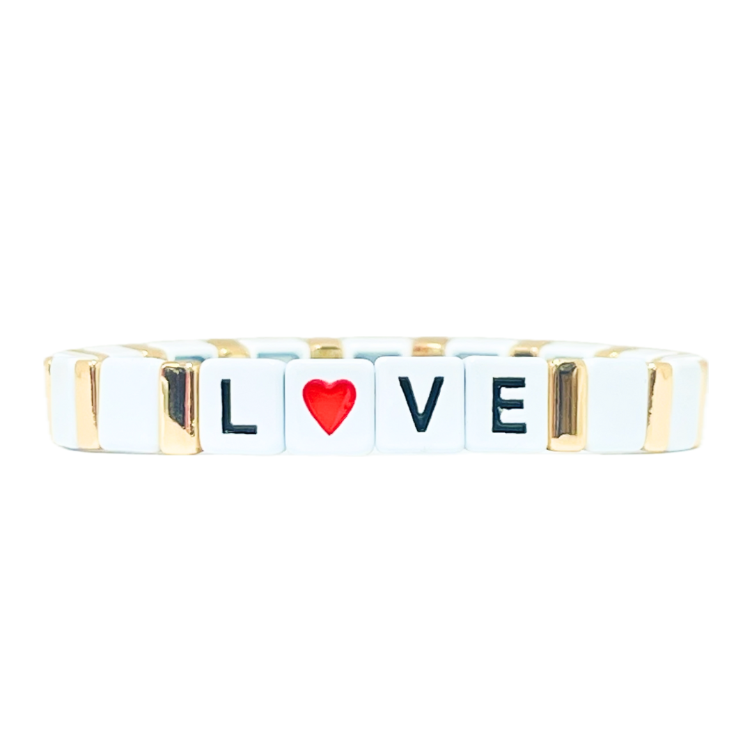 Boho Love with Red Heart Enamel Tile Bracelet | White