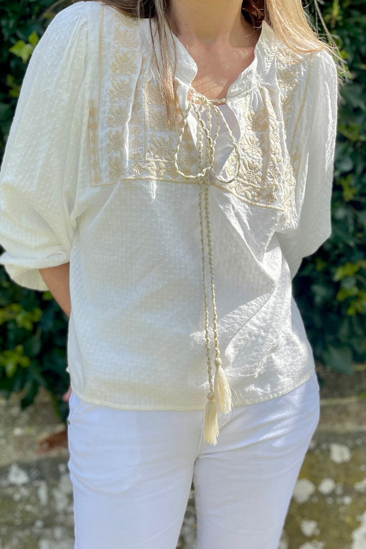 Piper Boho Embroidered Top | Chalk