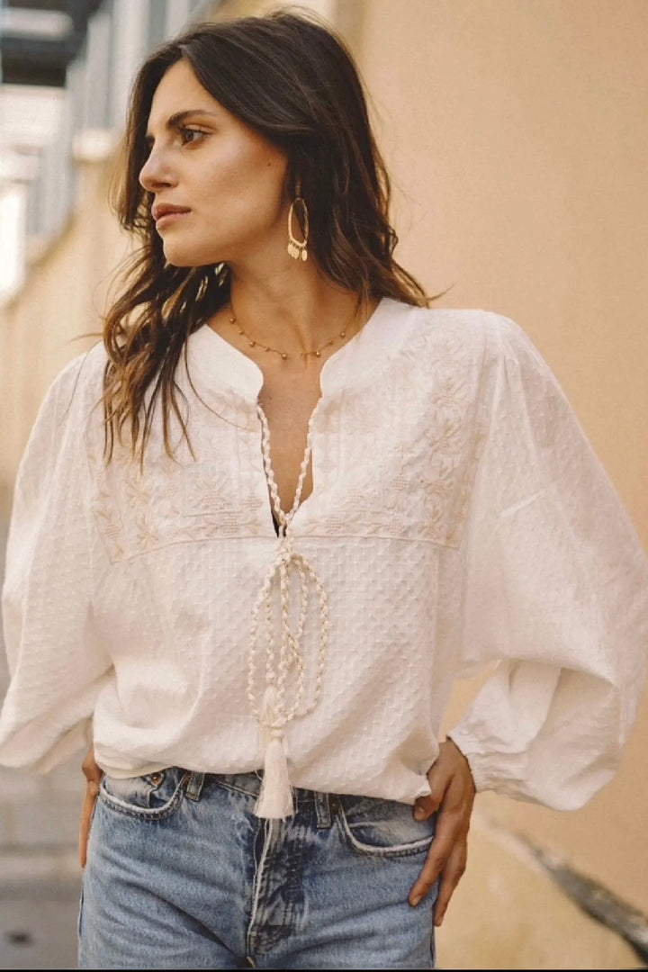 Piper Boho Embroidered Top | Chalk