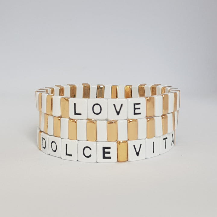 Boho Love Enamel Tile Bracelet | White and Gold