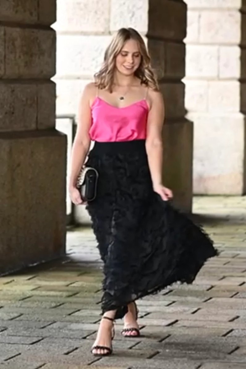 Pink skirt and black top best sale