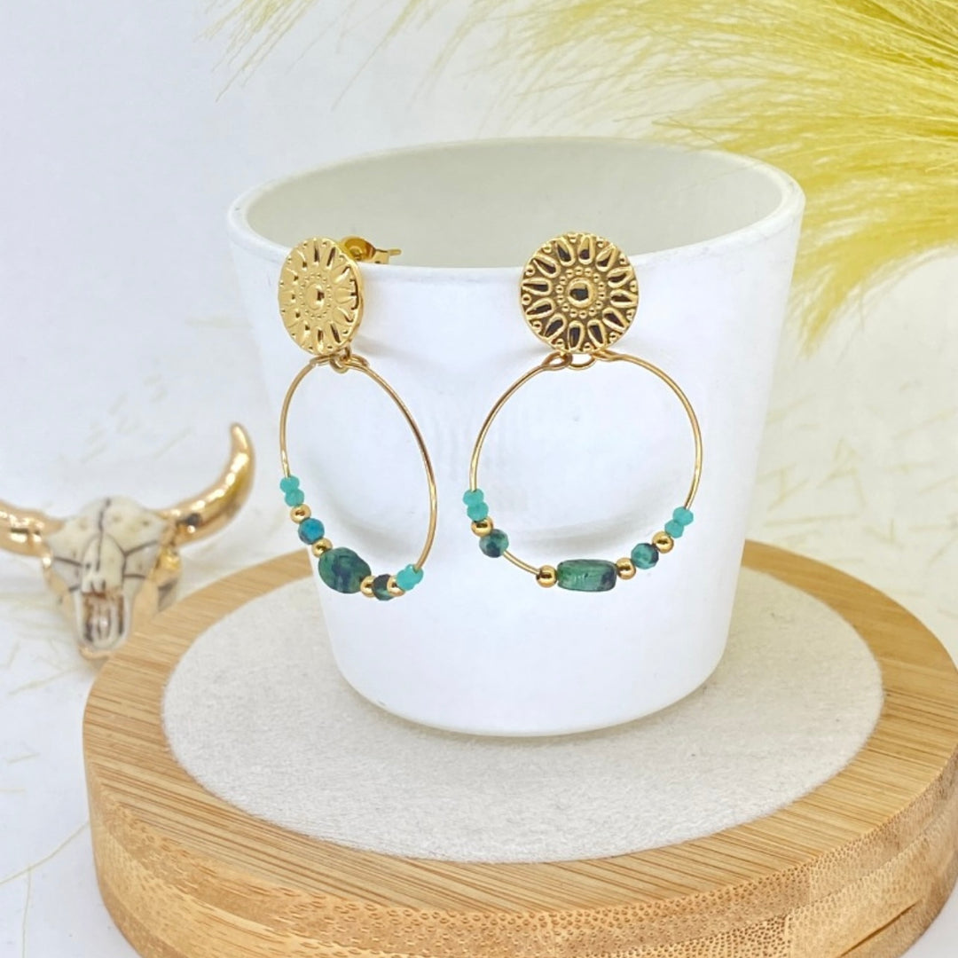 Gold Coin Beaded Hoop Earrings | Turquoise