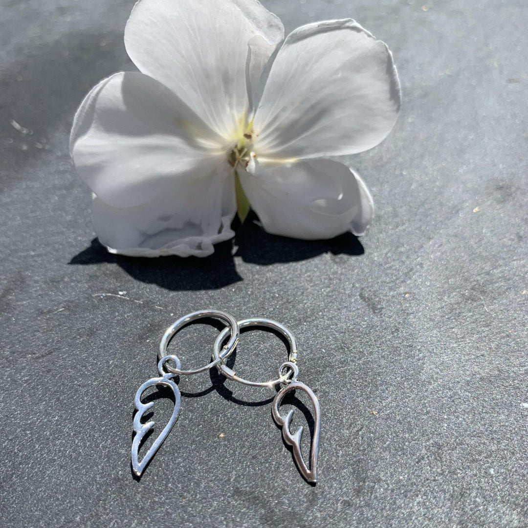 925 Silver Earrings | Tiny Angel Wing Hoops - south of the river london