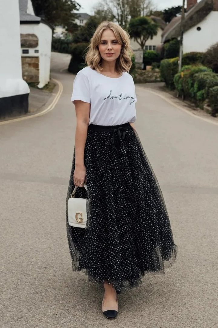 Polka Dot Maxi Tulle Skirt | Black with White Dots