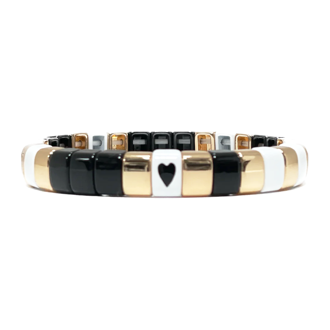 Boho Enamel Tile Bracelet | Black x White Solo Heart