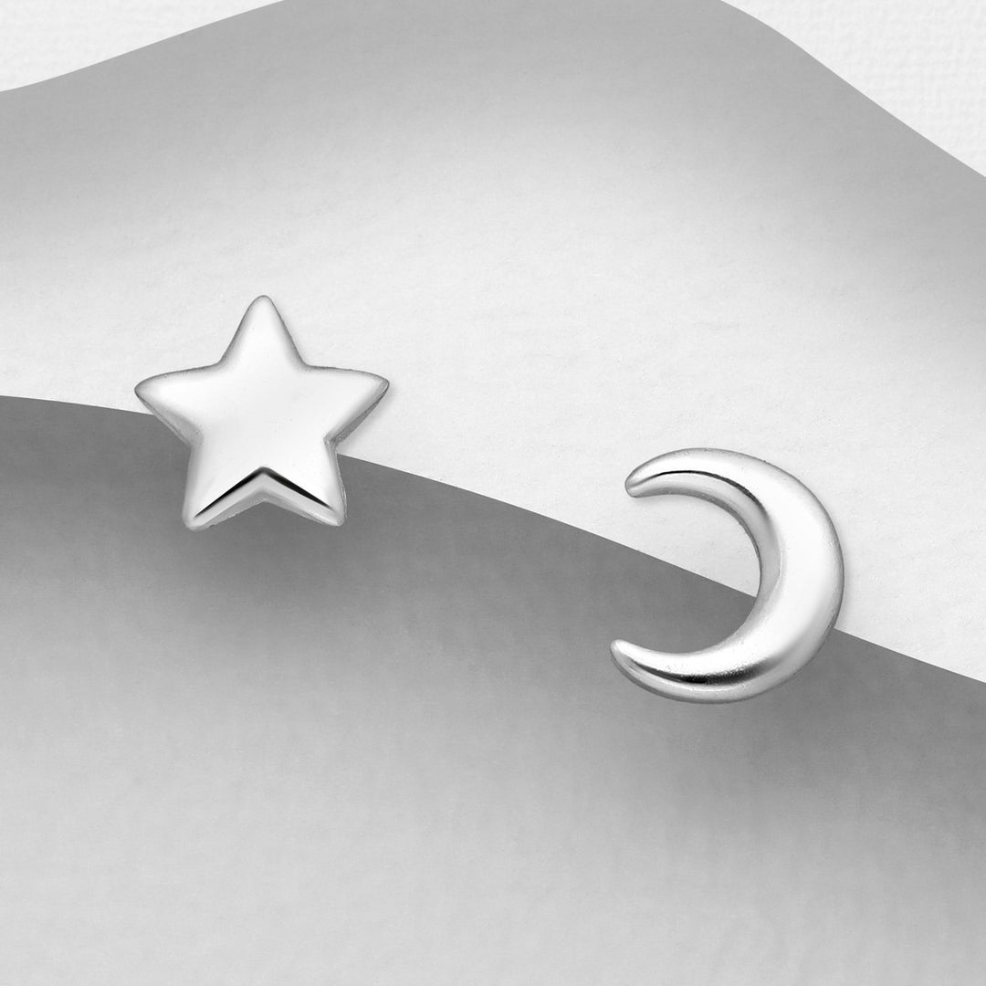 925 Silver Earrings | Tiny Moon & Star Studs