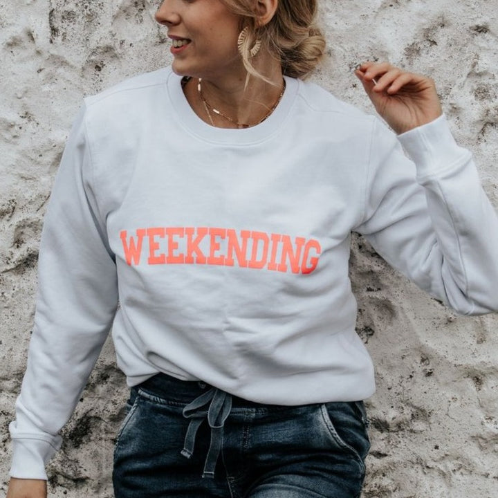 WEEKENDING Organic Sweatshirt | White with Neon Pink