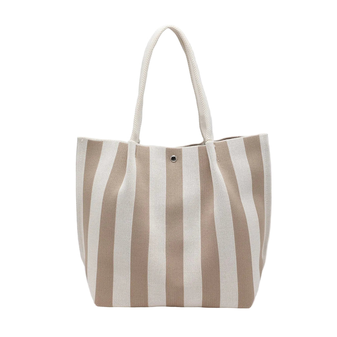 Striped tote bag with brown and white stripes on a light gray background
