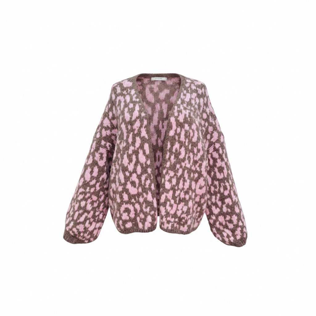 Liv Leopard Shawl Collar Cardigan (Chocolate x Pink)