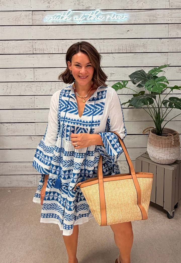 Ada Aztec Santorini Blue Short Embroidered Dress