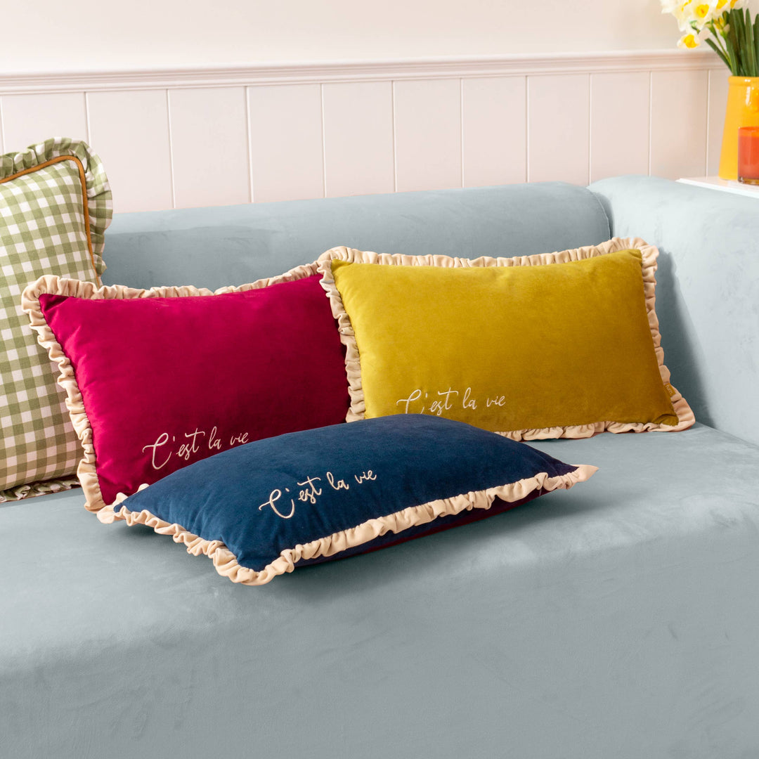 Cest La Vie Embroidered Cushion Green