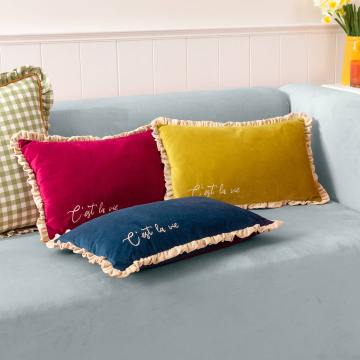 Cest La Vie Embroidered Cushion Green