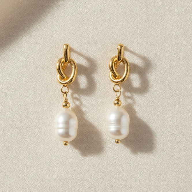 Pair of gold earrings with pearl drops on a white background