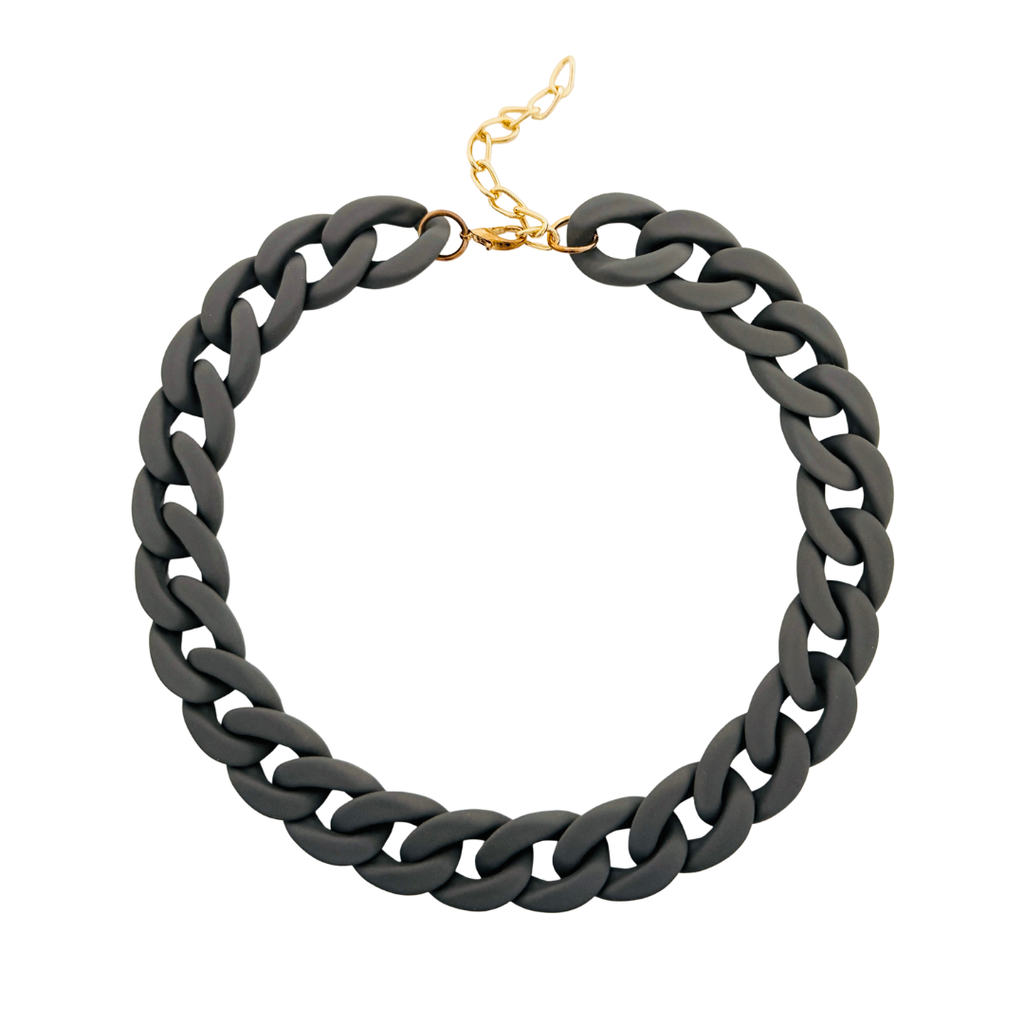 Black chain necklace with gold clasp on a white background
