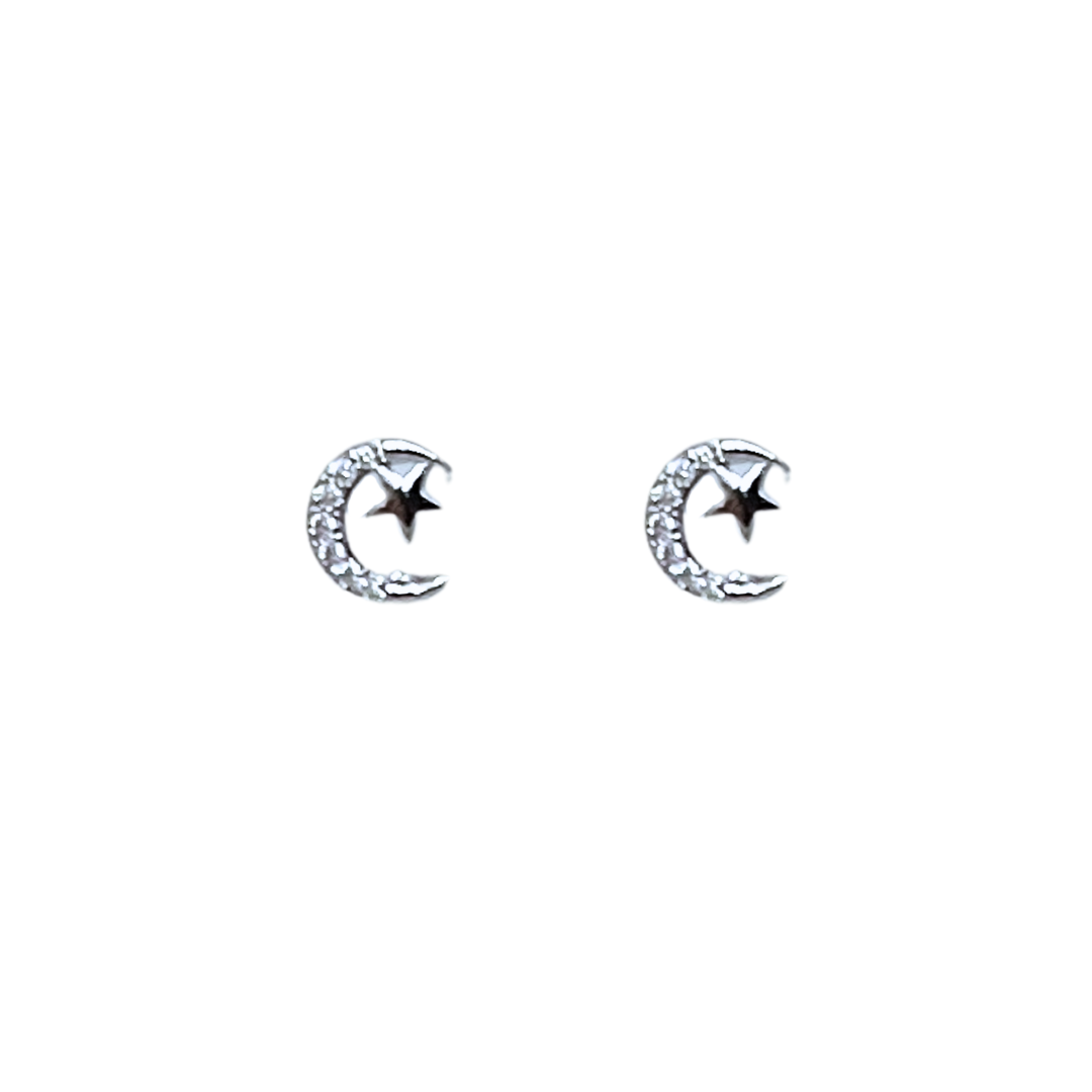 Moon & Star Stud Earrings | Silver