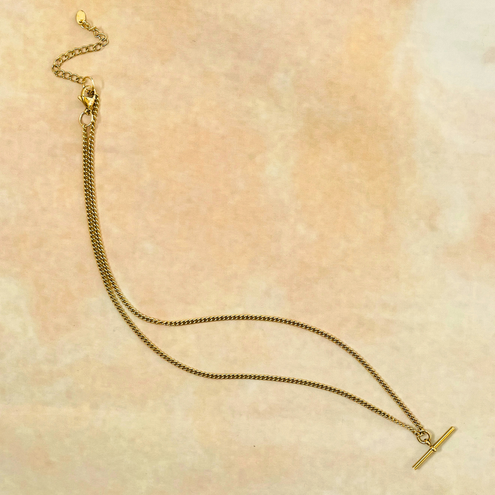 T Bar Stainless Steel Necklace | Gold with Curb Chain