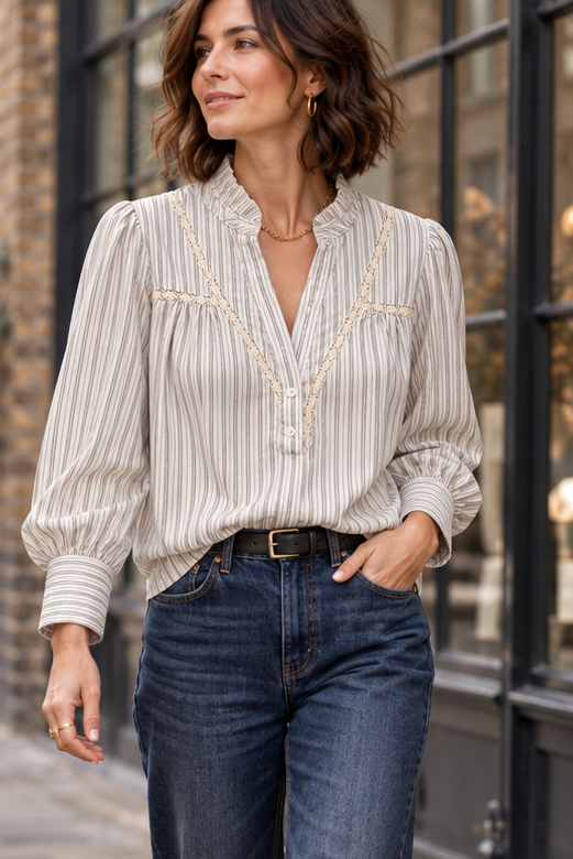 Hattie Beige Stripe Embroidered Cotton Blouse