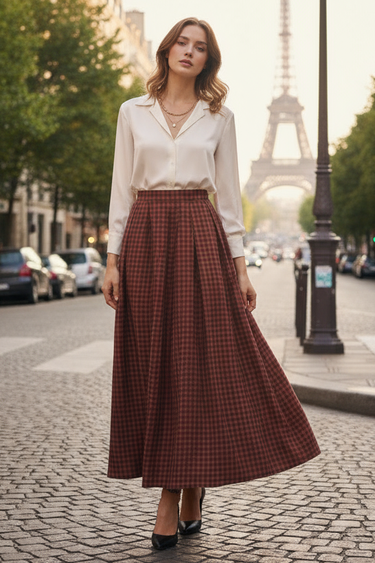 Gisela Checked Maxi Skirt (Black, Burgundy)