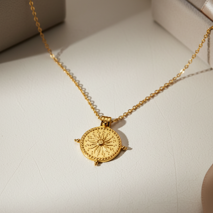 Gold necklace with a round pendant on a white background