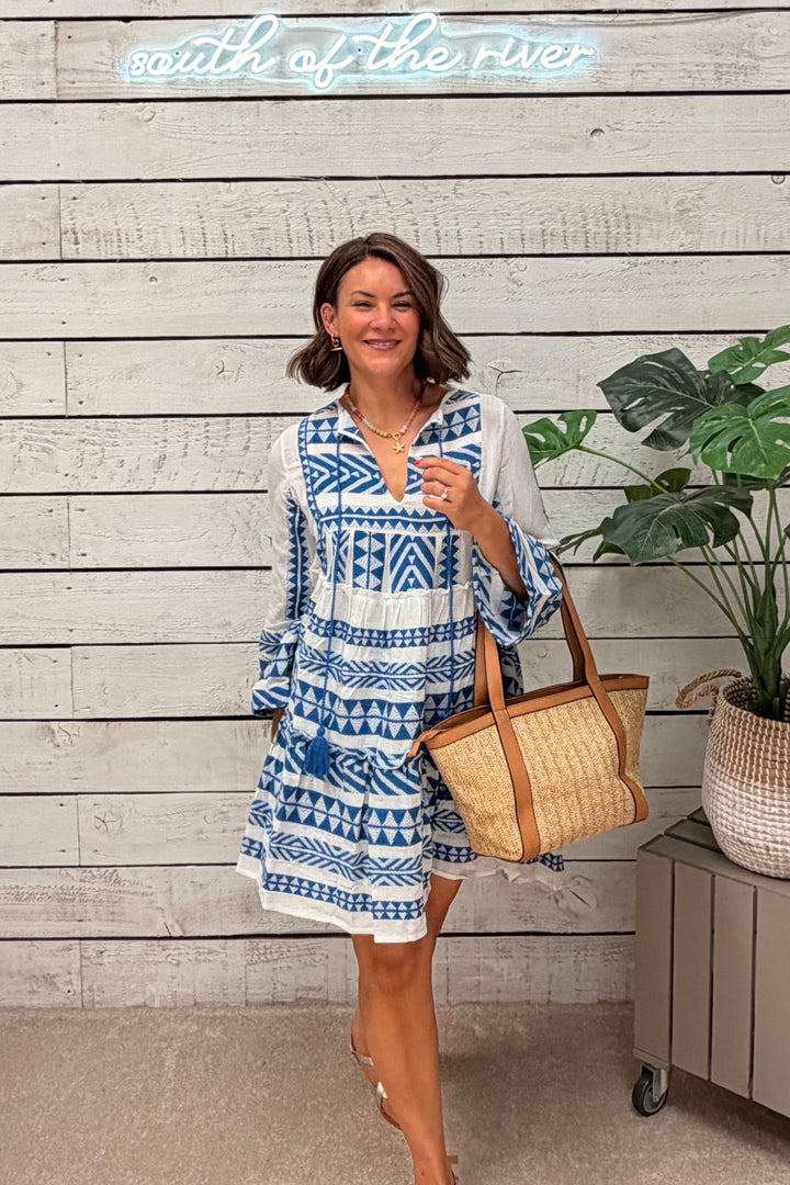 Ada Aztec Santorini Blue Short Embroidered Dress