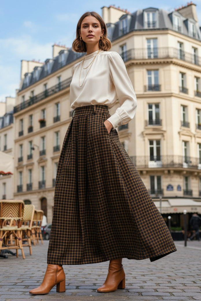 Gisela Checked Maxi Skirt (Black, Burgundy)