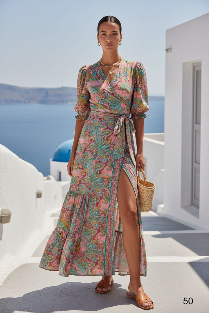 Khloe Boho Print Wrap Dress (Pink)