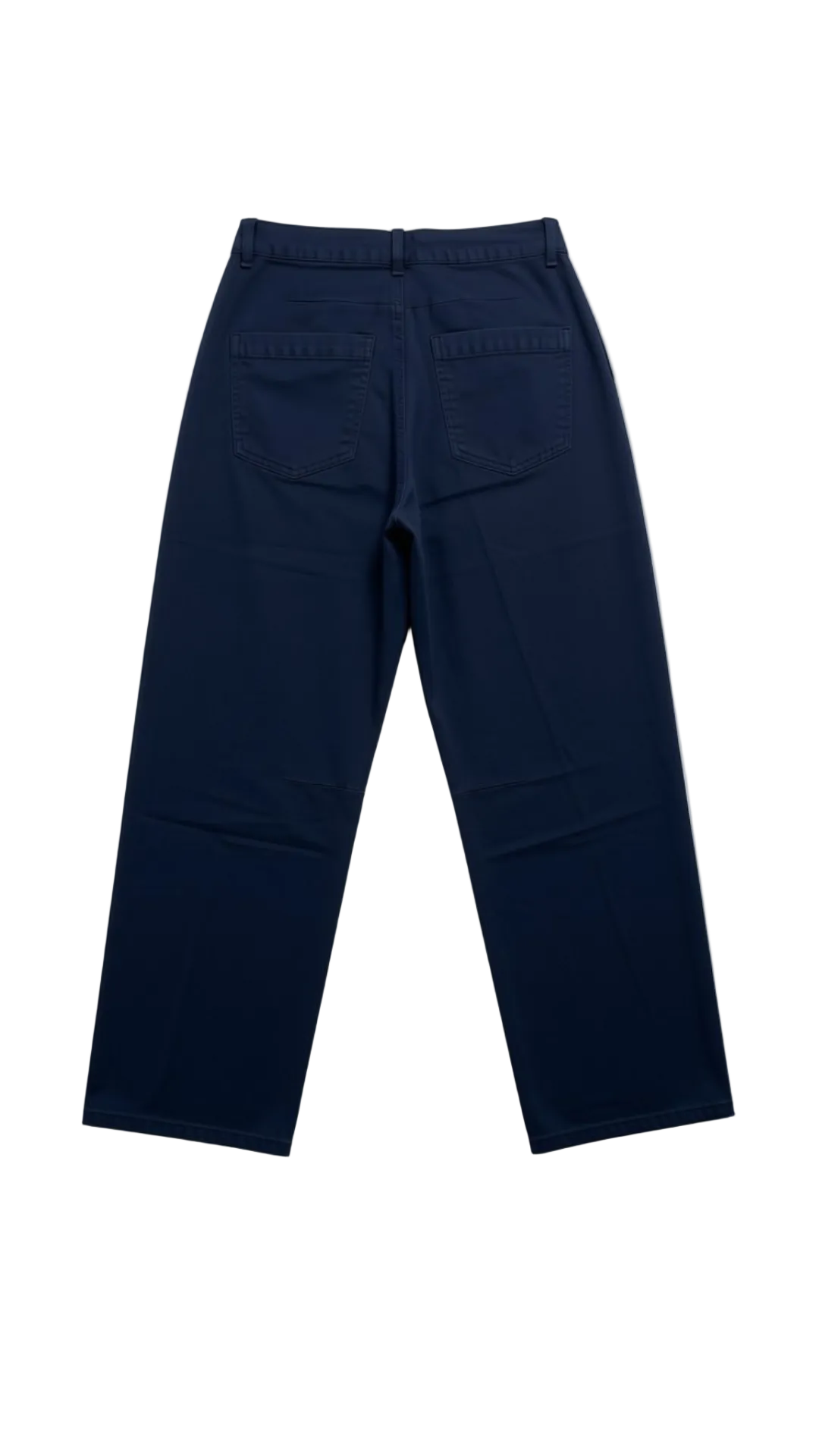 A pair of dark navy blue jeans shown from the back, laid flat on a light gray background.