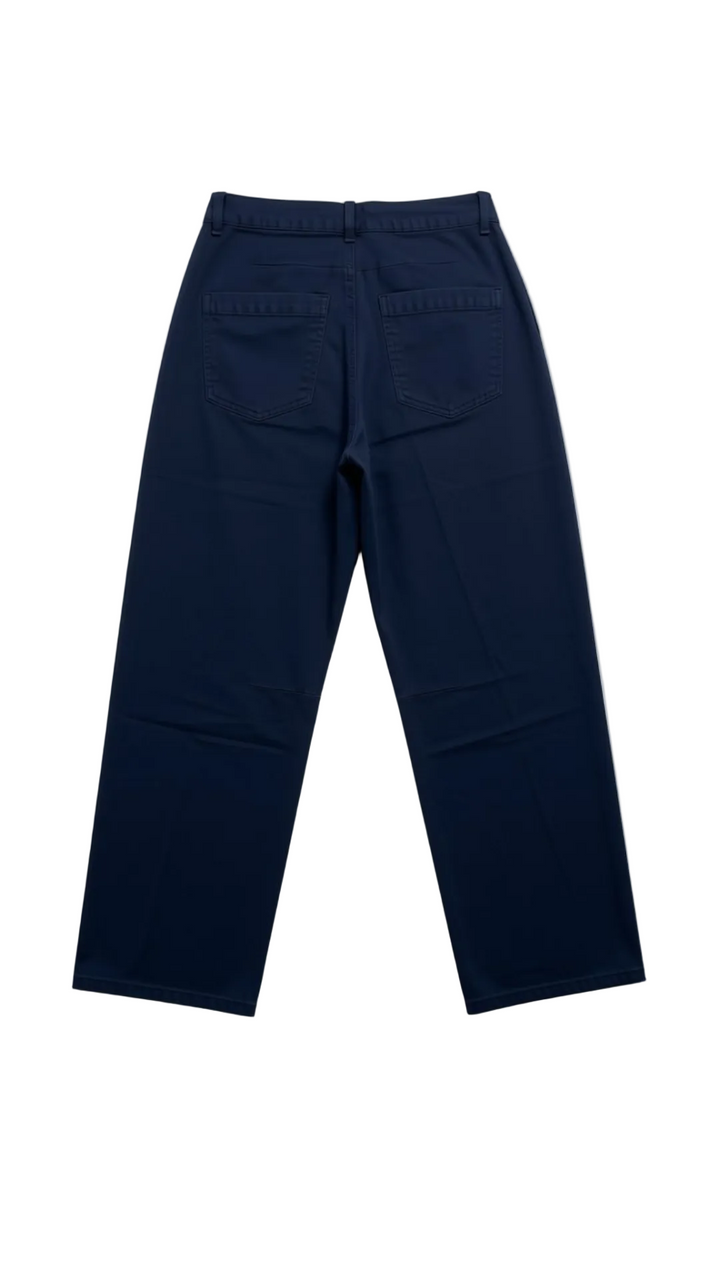 A pair of dark navy blue jeans shown from the back, laid flat on a light gray background.