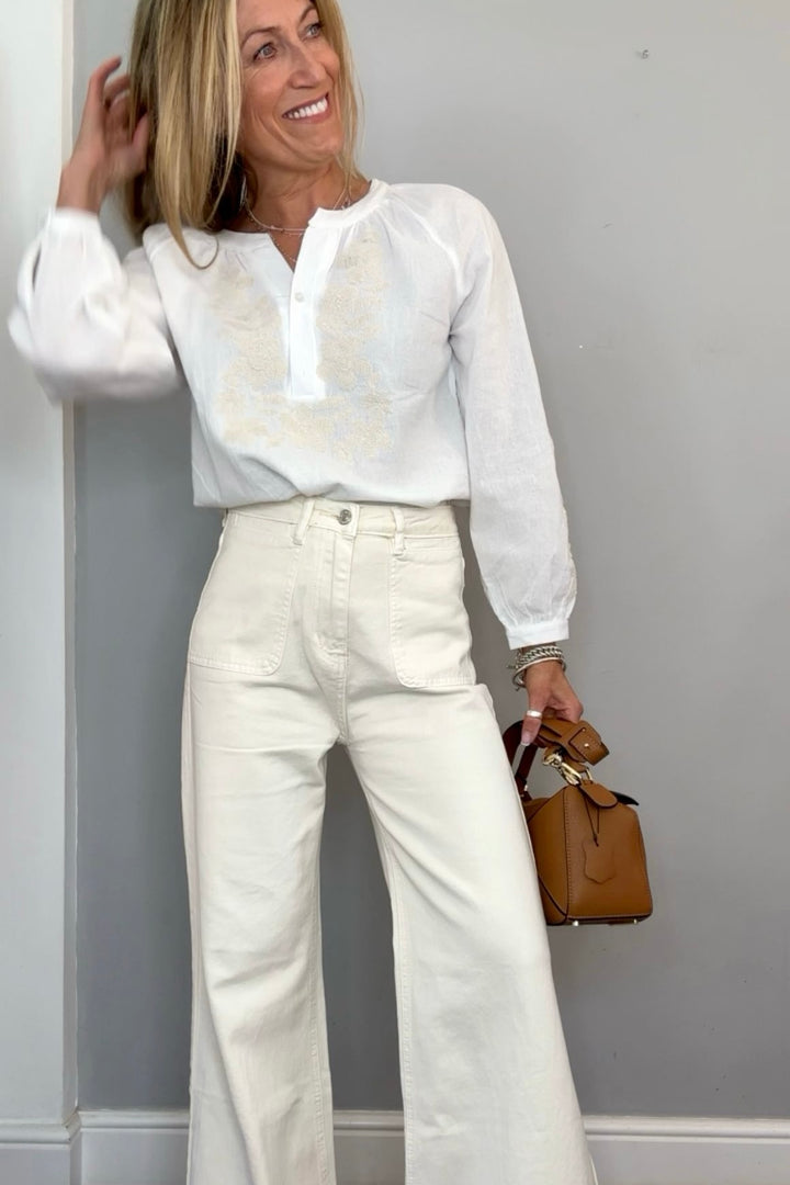Pisa Cotton Embroidered V Neck Blouse