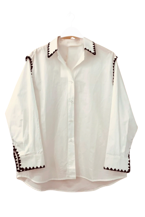 Annie Oversize Boho Blouse | White x Black Embroidered Edge