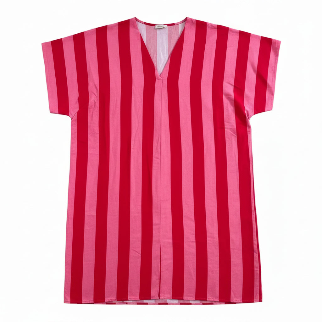 A red and pink vertically striped short-sleeve kaftan dress hanging on a white hanger against a white background.
