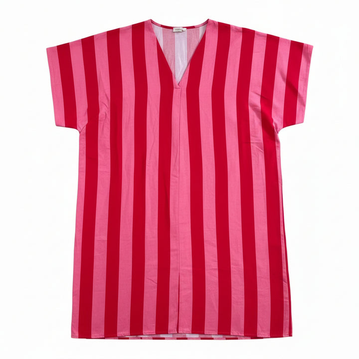 A red and pink vertically striped short-sleeve kaftan dress hanging on a white hanger against a white background.