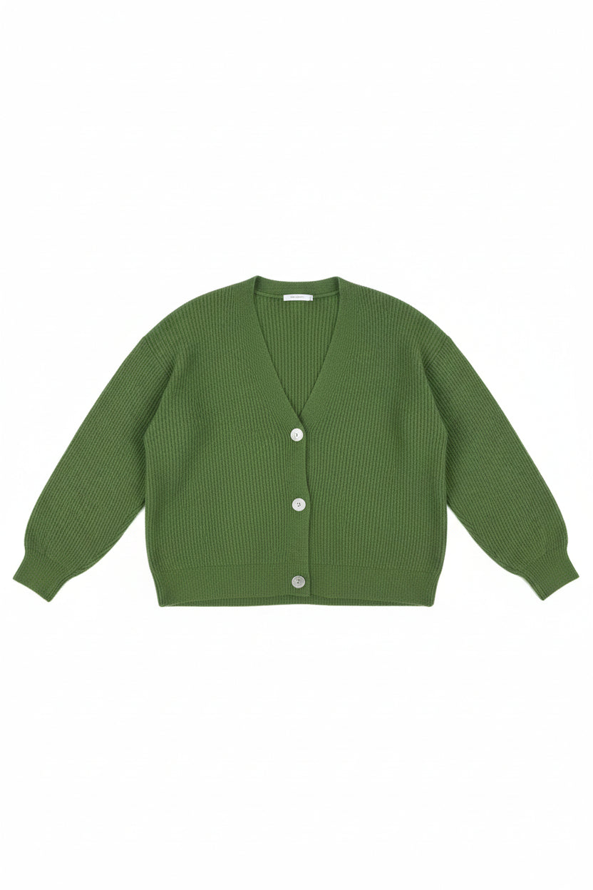 An olive green knit cardigan sweater displayed on a white mannequin torso with black pants, set against a plain light gray background.