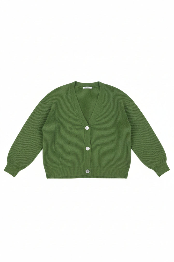 An olive green knit cardigan sweater displayed on a white mannequin torso with black pants, set against a plain light gray background.
