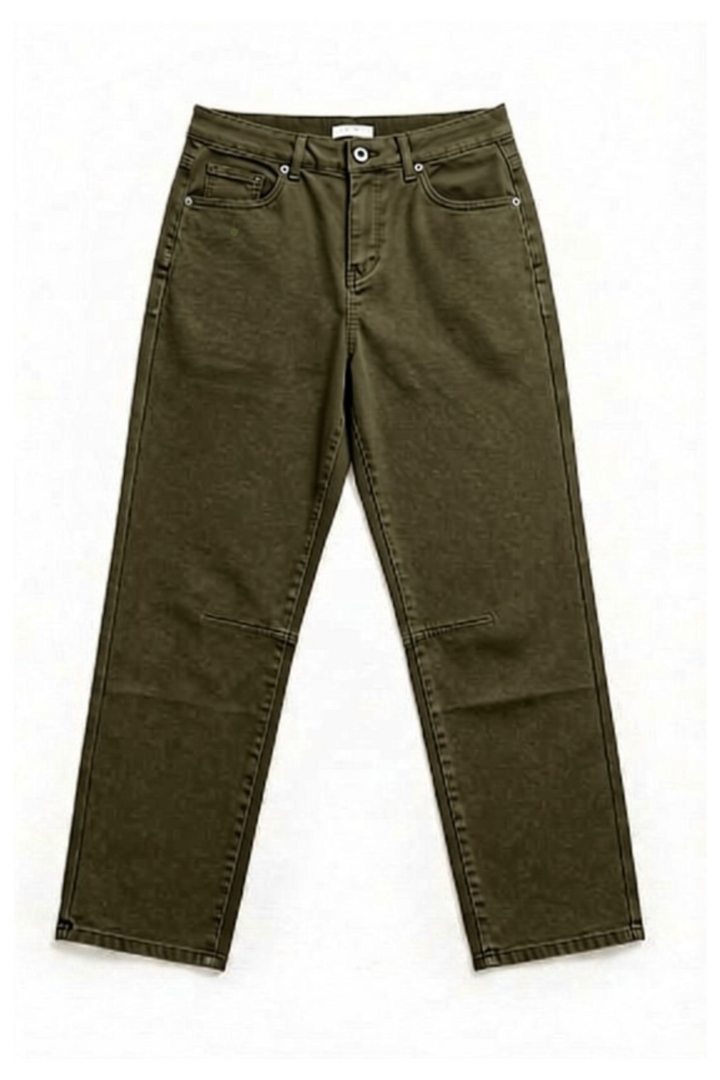 Olive green straight-leg denim jeans laid flat on a white background.