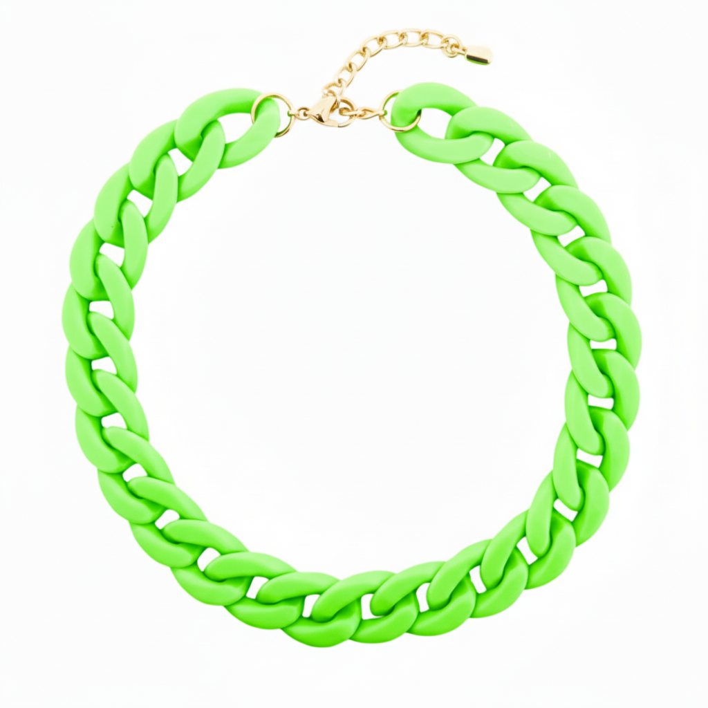 Neon green chain necklace on a white background