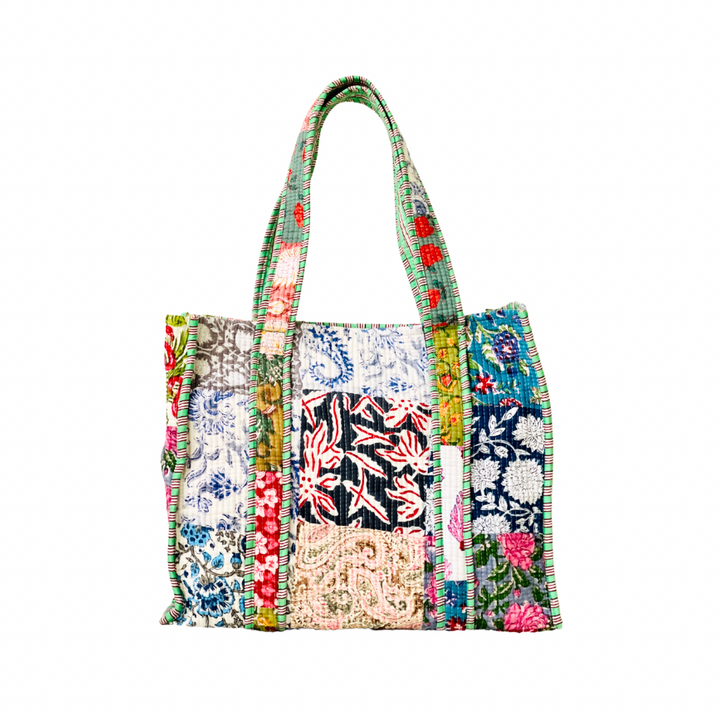 Boho Quilted Indian Block Cotton Tote Bag | Patchwork Blues