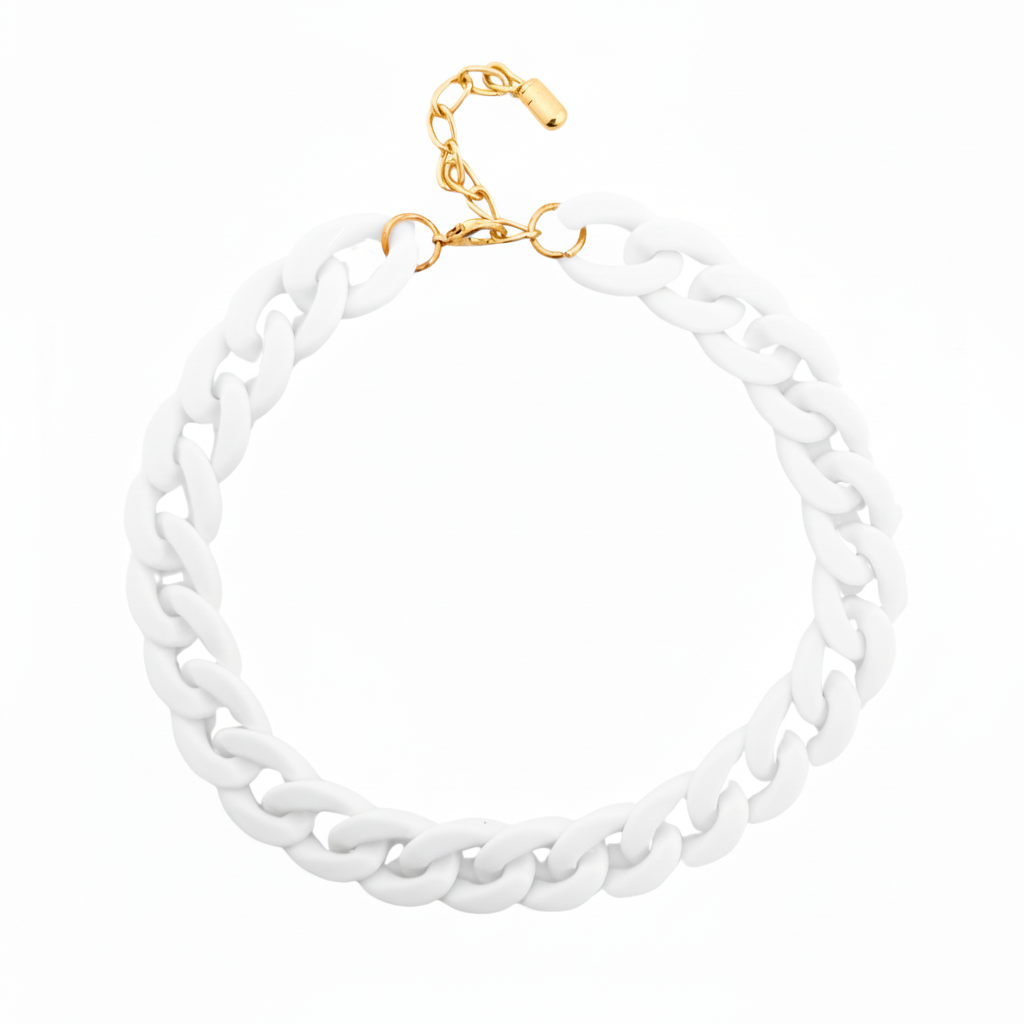 White chain necklace with gold clasp on a white background