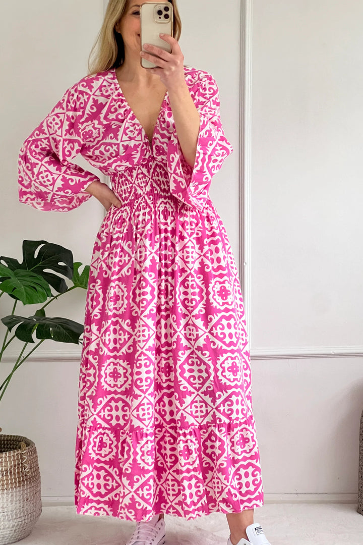 Kitty Tile Print Dress | Hot Pink