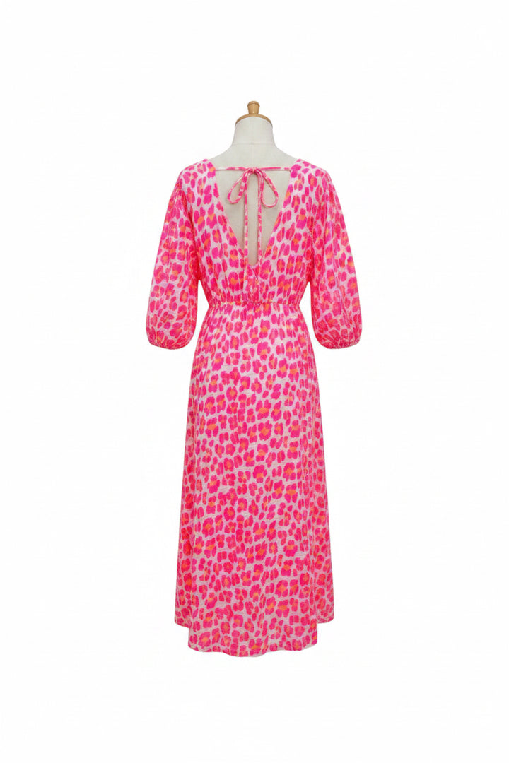 Davinia Leopard Print Neon Pink Cheesecloth Cotton Dress